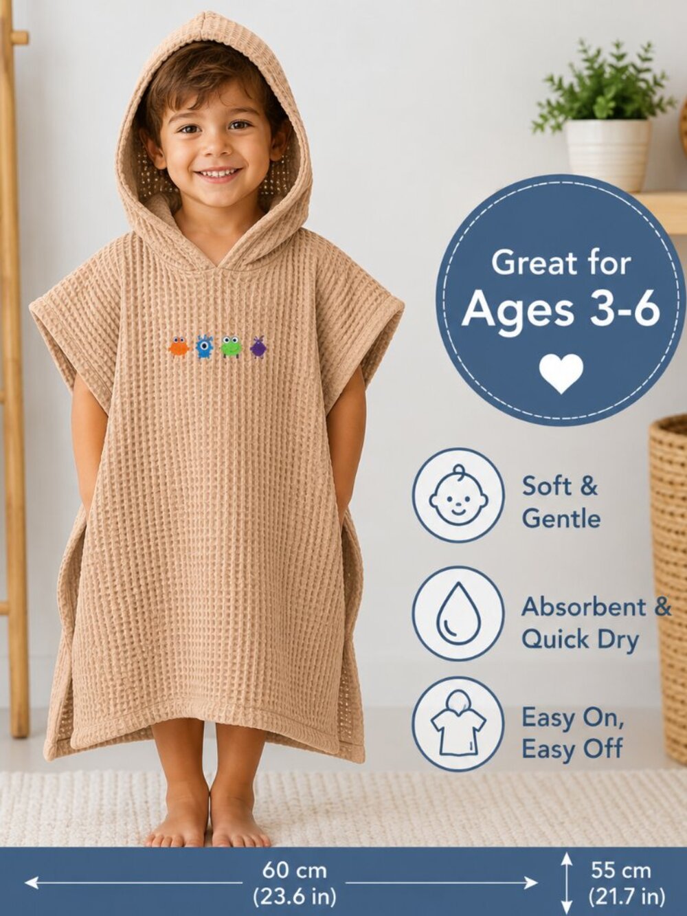 Kids Hooded Towel Poncho | Camping Embroidered Design | Soft Cotton Beach & Pool